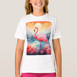 花とトロピカルフラミンゴ Tシャツ