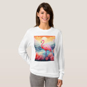 花とトロピカルフラミンゴ Tシャツ (正面フル)