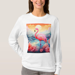 花とトロピカルフラミンゴ Tシャツ