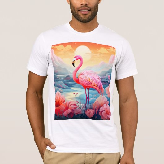 花とトロピカルフラミンゴ Tシャツ (正面)