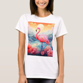 花とトロピカルフラミンゴ Tシャツ