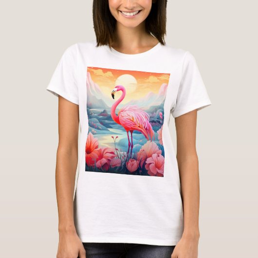 花とトロピカルフラミンゴ Tシャツ (正面)