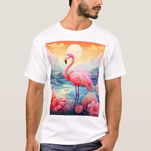 花とトロピカルフラミンゴ Tシャツ (正面)
