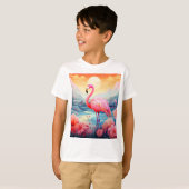 花とトロピカルフラミンゴ Tシャツ (正面フル)