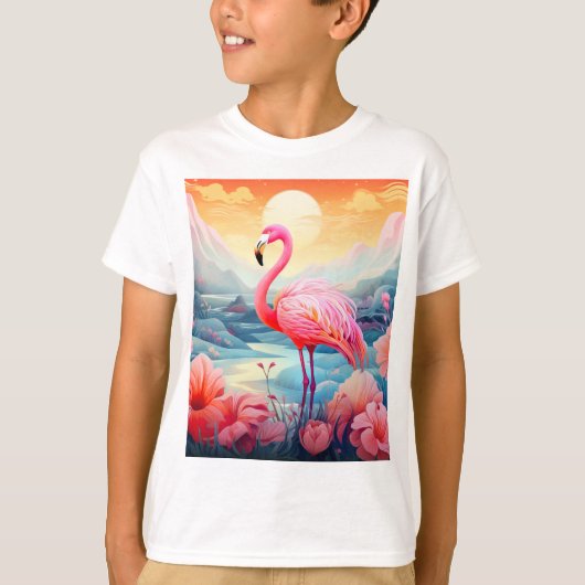 花とトロピカルフラミンゴ Tシャツ (正面)