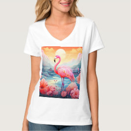 花とトロピカルフラミンゴ Tシャツ
