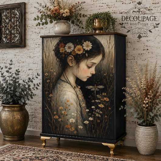 花とトンボのデコパージュの少女 薄葉紙