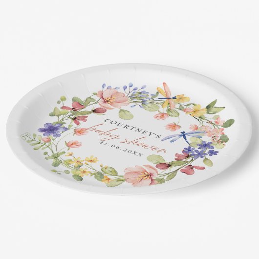 花とトンボロマンチックbohoベビーシャワー ペーパープレート (アングル)