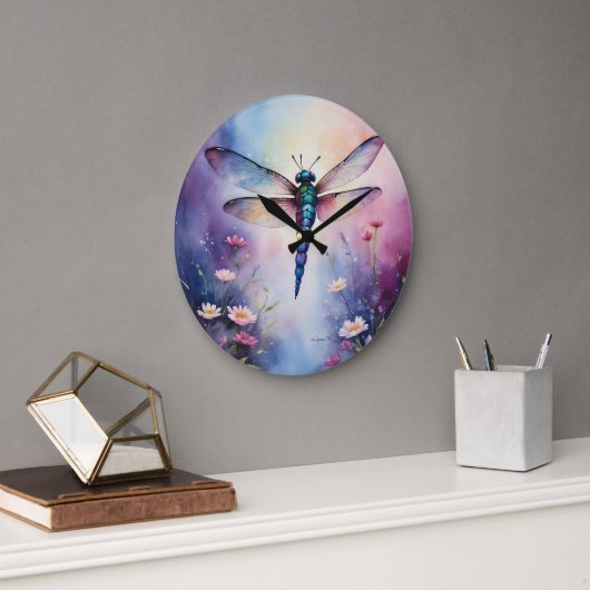 花とトンボ紫色の水色 ラージ壁時計 (オフィス)