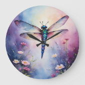花とトンボ紫色の水色 ラージ壁時計 (正面)