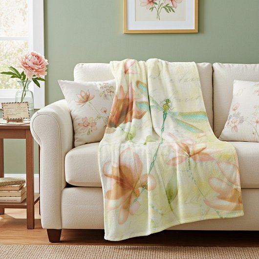 花とトンボ フリースブランケット