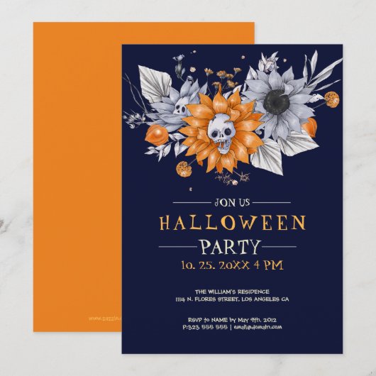 花とドクロのハロウィンパーティー招待状 招待状 (正面/裏面)