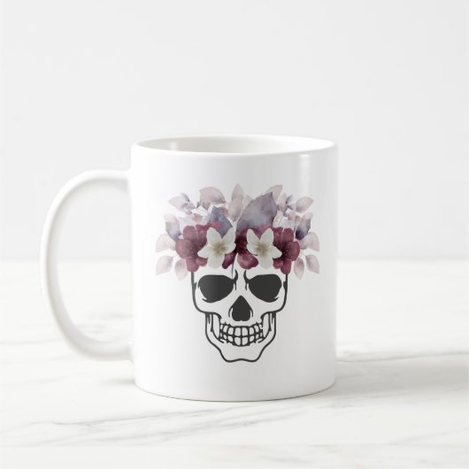 花とドクロ 白とワインカラーの花々 コーヒーマグカップ (左)