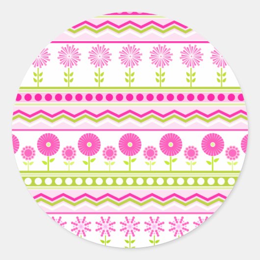 花とドットの甘いピンクの春パターン ラウンドシール (正面)