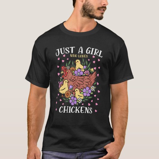花とニワトリが好きな女の子 動物 Tシャツ (正面)