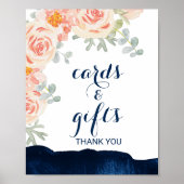 花とネイビーの水彩カードとギフトサイン ポスター (正面)