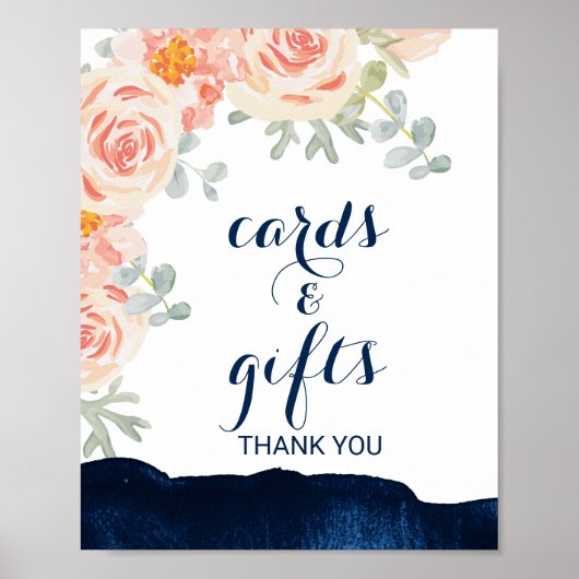 花とネイビーの水彩カードとギフトサイン ポスター (正面)