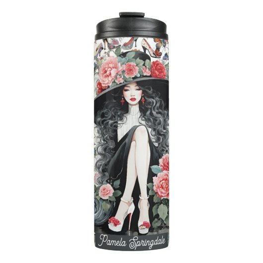 花とハイヒールで飾った巨大な帽子の女性 タンブラー (正面)