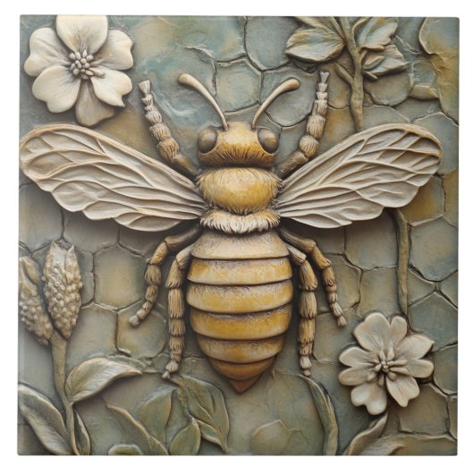 花とハニービーフェイクレリーフ、 浮き彫り タイル (正面)