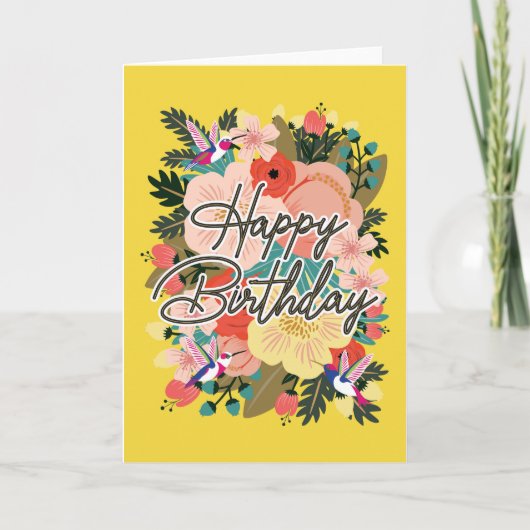 花とハミング鳥の誕生日カード カード (正面)