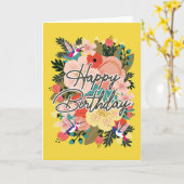 花とハミング鳥の誕生日カード カード (黄色い花)