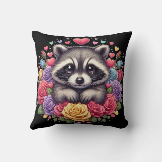 花とハートが咲カラフルき乱れるかわいいラクーン クッション (裏面)