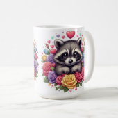 花とハートが咲カラフルき乱れるかわいいラクーン コーヒーマグカップ (正面右)