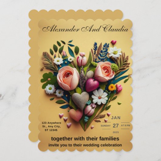 花とハートで作られた結婚式招待状 (正面/裏面)