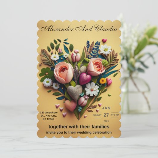 花とハートで作られた結婚式招待状 (スタンド正面)