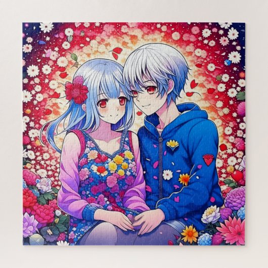 花とハートに囲まれた、かわいいアニメカップル ジグソーパズル (縦)