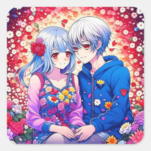 花とハートに囲まれた、かわいいアニメカップル スクエアシール