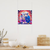 花とハートに囲まれた、かわいいアニメカップル ポスター (キッチン)