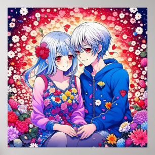 花とハートに囲まれた、かわいいアニメカップル ポスター