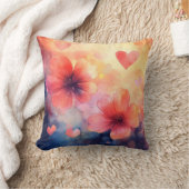 花とハート – ロマンチックな水彩枕 クッション (ブランケット)