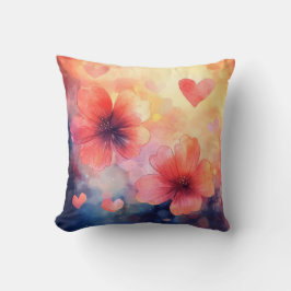 花とハート – ロマンチックな水彩枕 クッション