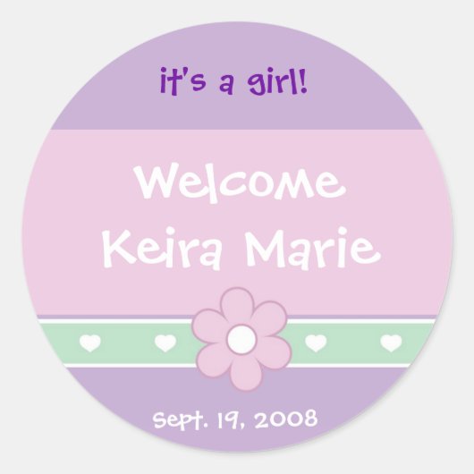 花とハート「女の子」のお知らせ ラウンドシール (正面)