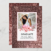 花とバラ金ゴールドグリッター写真卒業 招待状 (正面/裏面)