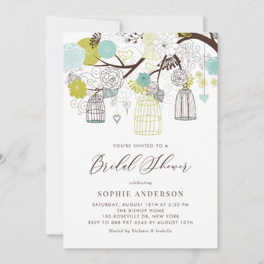花とバードケージブライダルシャワーの招待状 招待状 (正面)