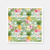 花とパイナップルティール(緑がかった色)ストライプ スタンダードカクテルナプキン (正面)