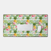 花とパイナップルティール(緑がかった色)ストライプ デスクマット (キーボード&マウス)