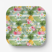 花とパイナップルティール（緑がかった色）ストライプ ペーパープレート (正面)