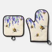 花とビー飛んでいるズオーブンミット&ポットホルダーセット 鍋つかみ&鍋敷きセット (正面)