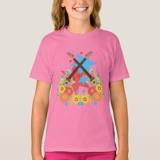 花とピンクのギター Tシャツ (正面)