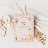 花とピンクのギンガムバタフライ誕生日 招待状