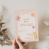 花とピンクのギンガムバタフライ誕生日 招待状