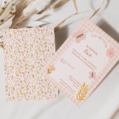 花とピンクのギンガムバタフライ誕生日 招待状