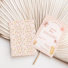 花とピンクのギンガムバタフライ誕生日 招待状