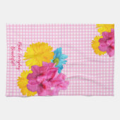 花とピンクのギンガム キッチンタオル (横)