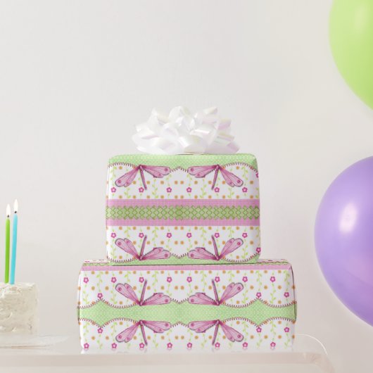 花とピンクのトンボ包み紙 ラッピングペーパー (パーティーギフト)