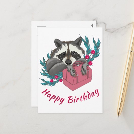 花とピンクのバッグのアライグマ お誕生日おめでとう ポストカード (正面/裏面インサイチュ)